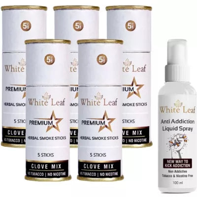 White Leaf Herbal Cigarettes Clove Mix (5 Sticks, Pack Of 5) & Anti Addiction Liquid Spray (100ml) Combo (1Pack)