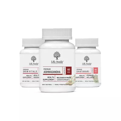 Life Aveda Skin Vitals + Ashwagandha + Shatavari Combo (60 CAPSULES Each)
