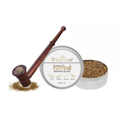 White Leaf Premium Herbal Smoking Blend Mixture + Wooden Pipe Brown Pot 30gm + 1 pcs)