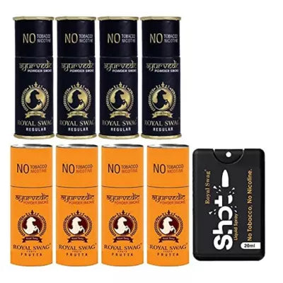Royal Swag Nicotine Free Cigarette Regular And Frutta Powder Smoke + Shot Liquid Spray (8 Can Each 5pcs + 20ml) (1Pack)