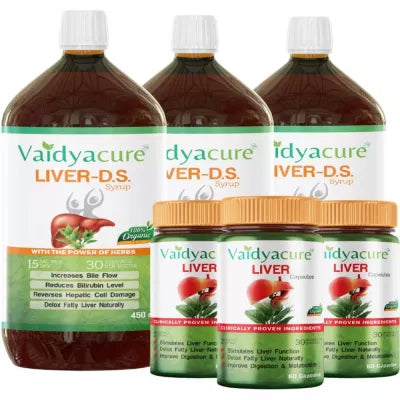 Vaidyacure Fatty Liver Detox Kit (Syrup 450ml & 60 Caps Each Pack Of 3) (3 Month Course) (1Pack)