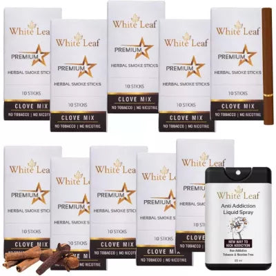 White Leaf Herbal Cigarettes Clove Mix (10sticks, Pack Of 10) & Anti Addiction Liquid Spray (20ml) Combo (1Pack)