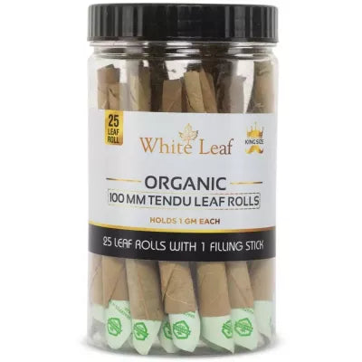 White Leaf King Size 100 MM Tendu Leaf Rolls (25pcs) With 1 Filling Stick Combo (1Pack)