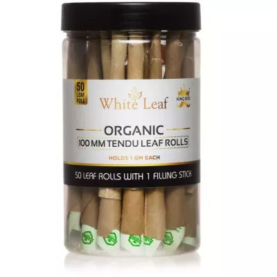 White Leaf King Size 100 MM Tendu Leaf Rolls (50pcs) With 1 Filling Stick Combo (1Pack)