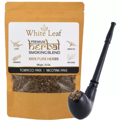 White Leaf Herbal Smoking Blend (100g) & 1 Wooden Royal Black Pipe Combo (1Pack)