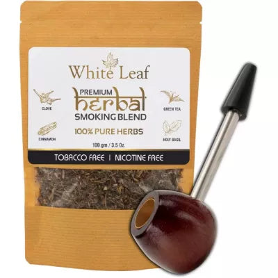 White Leaf Herbal Smoking Blend (100g) & 1 Wooden Steel Pipe Combo (1Pack)