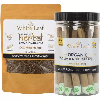 White Leaf Herbal Smoking Blend (100g) & Leaf Rolls 25pcs With 1 Filling Stick Combo (1Pack)