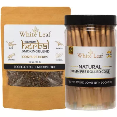 White Leaf Herbal Smoking Blend (100g) & 110 MM Pre Rolled Cone With Doob Tube 100pcs Combo (1Pack)