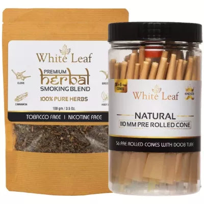 White Leaf Herbal Smoking Blend (100g) & 110 MM Pre Rolled Cone With Doob Tube 56pcs Combo (1Pack)