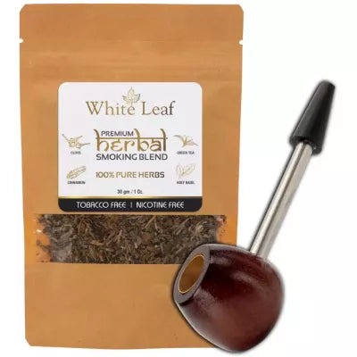 White Leaf Herbal Smoking Blend (30g) & 1 Wooden Steel Pipe Combo (1Pack)