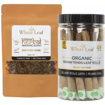 White Leaf Herbal Smoking Blend (30g) & Leaf Rolls 25pcs With 1 Filling Stick Combo (1Pack)