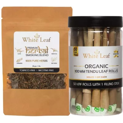 White Leaf Herbal Smoking Blend (30g) & Leaf Rolls 50pcs With 1 Filling Stick Combo (1Pack)