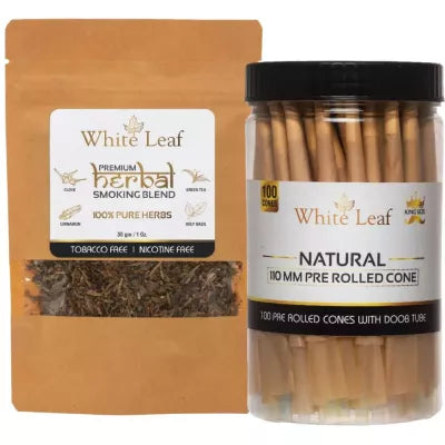 White Leaf Herbal Smoking Blend (30g) & 110 MM Pre Rolled Cone With Doob Tube 100pcs Combo (1Pack)