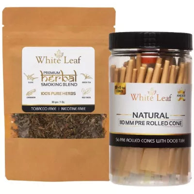 White Leaf Herbal Smoking Blend (30g) & 110 MM Pre Rolled Cone With Doob Tube 56pcs Combo (1Pack)