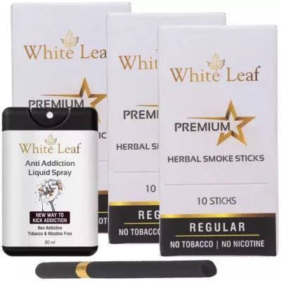 White Leaf Herbal Cigarettes Regular Flavour (10sticks, Pack Of 3) & Anti Addiction Liquid Spray (20ml) Combo (1Pack)