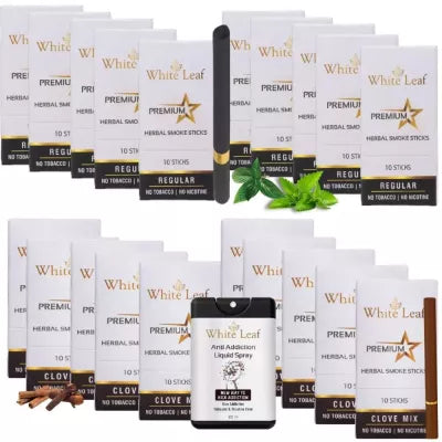 White Leaf Herbal Cigarettes Regular & Clove Flavour Each (10sticks, Pack Of 10) With Liquid Spray (20ml) Combo (1Pack)