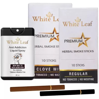 White Leaf Herbal Cigarettes Regular & Clove Flavour Each (10sticks, Pack Of 1) With Liquid Spray (20ml) Combo (1Pack)