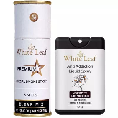 White Leaf Herbal Cigarettes Clove Mix (5 Sticks, Pack Of 1) & Anti Addiction Liquid Spray (20ml) Combo (1Pack)