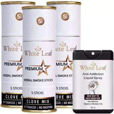 White Leaf Herbal Cigarettes Clove Mix (5 Sticks, Pack Of 3) & Anti Addiction Liquid Spray (20ml) Combo (1Pack)