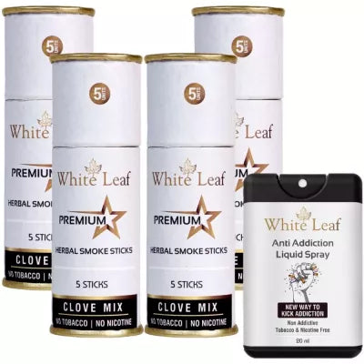 White Leaf Herbal Cigarettes Clove Mix (5 Sticks, Pack Of 4) & Anti Addiction Liquid Spray (20ml) Combo (1Pack)