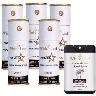 White Leaf Herbal Cigarettes Clove Mix (5 Sticks, Pack Of 5) & Anti Addiction Liquid Spray (20ml) Combo (1Pack)