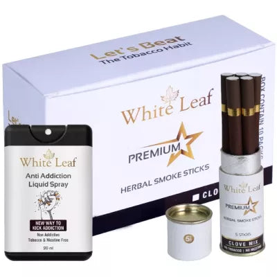 White Leaf Herbal Cigarettes Clove Mix (5 Sticks, Pack Of 10) & Anti Addiction Liquid Spray (20ml) Combo (1Pack)