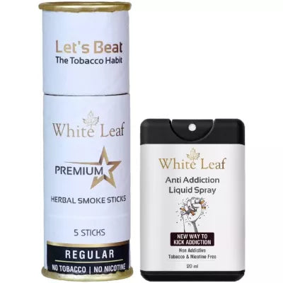 White Leaf Herbal Cigarettes Regular Flavour (5 Sticks, Pack Of 1) & Anti Addiction Liquid Spray (20ml) Combo (1Pack)