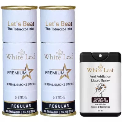 White Leaf Herbal Cigarettes Regular Flavour (5 Sticks, Pack Of 2) & Anti Addiction Liquid Spray (20ml) Combo (1Pack)