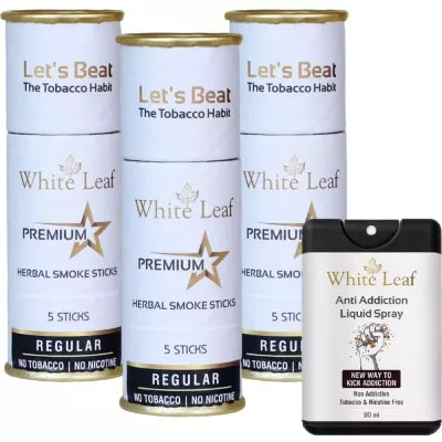 White Leaf Herbal Cigarettes Regular Flavour (5 Sticks, Pack Of 3) & Anti Addiction Liquid Spray (20ml) Combo (1Pack)