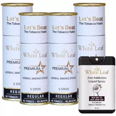 White Leaf Herbal Cigarettes Regular Flavour (5 Sticks, Pack Of 4) & Anti Addiction Liquid Spray (20ml) Combo (1Pack)