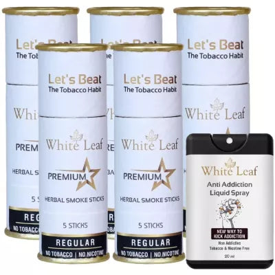 White Leaf Herbal Cigarettes Regular Flavour (5 Sticks, Pack Of 5) & Anti Addiction Liquid Spray (20ml) Combo (1Pack)