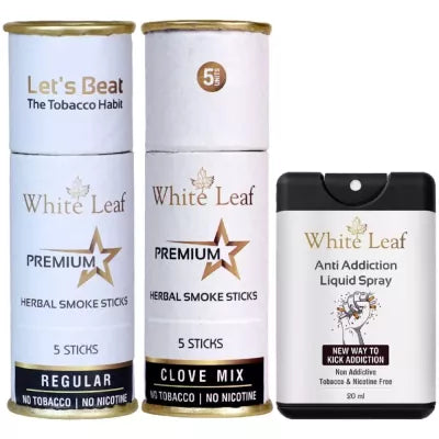 White Leaf Herbal Cigarettes Regular & Clove Flavour Each (5 Sticks, Pack Of 1) With Liquid Spray (20ml) Combo (1Pack)