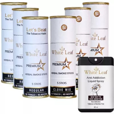 White Leaf Herbal Cigarettes Regular & Clove Flavour Each (5 Sticks, Pack Of 3) With Liquid Spray (20ml) Combo (1Pack)