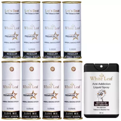 White Leaf Herbal Cigarettes Regular & Clove Flavour Each (5 Sticks, Pack Of 4) With Liquid Spray (20ml) Combo (1Pack)