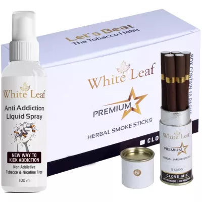 White Leaf Herbal Cigarettes Clove Mix (5 Sticks, Pack Of 10) & Anti Addiction Liquid Spray (100ml) Combo (1Pack)