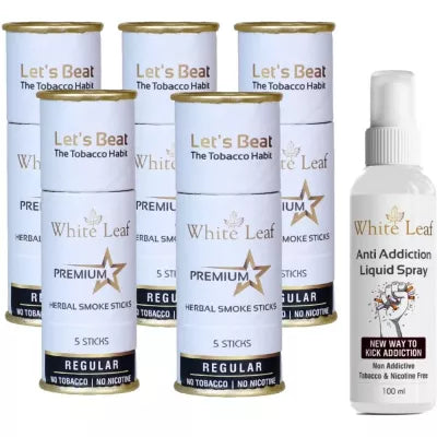 White Leaf Herbal Cigarettes Regular Flavour (5 Sticks, Pack Of 5) & Anti Addiction Liquid Spray (100ml) Combo (1Pack)