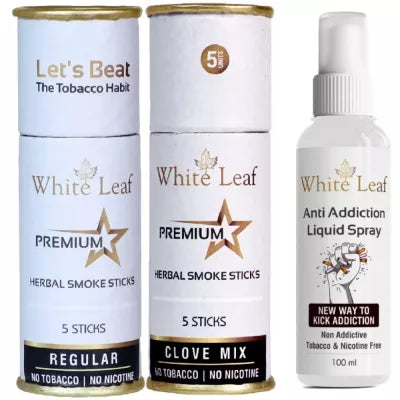 White Leaf Herbal Cigarettes Regular & Clove Flavour Each (5 Sticks, Pack Of 1) With Liquid Spray (100ml) Combo (1Pack)