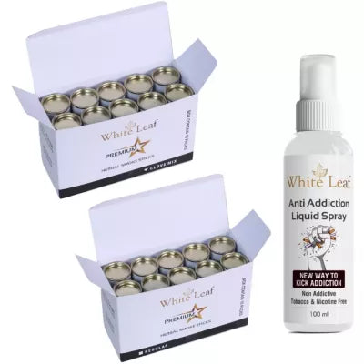 White Leaf Herbal Cigarettes Regular & Clove Flavour Each (5 Sticks, Pack Of 10) With Liquid Spray (100ml) Combo (1Pack)