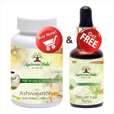 Aachman Veda Ashwagandha + Recure Hair Tonic (Capsules 60 + Drops 30ml) (1Pack)