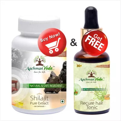 Aachman Veda Shilajit Pure Extract + Recure Hair Tonic (Capsules 60 + Drops 30ml) (1Pack)