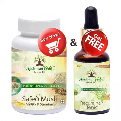 Aachman Veda Safed Musli Virility & Stamina + Recure Hair Tonic (Capsules 60 + Drops 30ml) (1Pack)