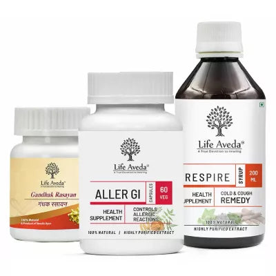 Life Aveda Gandhak Rasayan + Aller Gi + Respire Syrup Relief Pack Combo (60 CAPSULES Each + 1 Syrup Bottle)