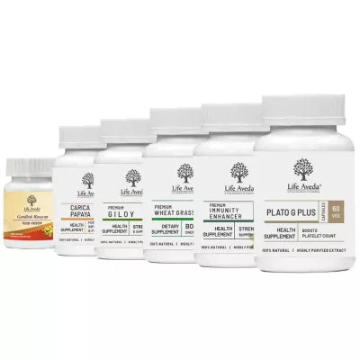 Life Aveda Gandhak Rasayan + Carica Papaya + Premium Giloy + Premium Wheat Grass + Premium Immunity Enhancer + Plato G Plus Combo (60 CAPSULES Each)