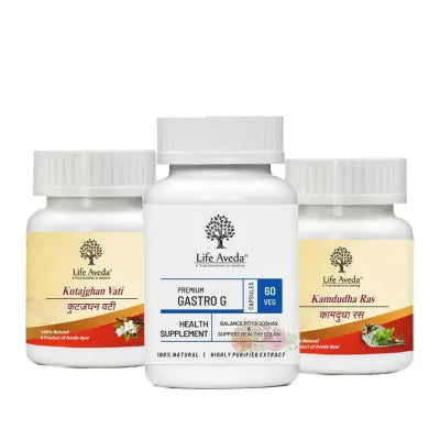 Life Aveda Kutajghan Vati + Premium Gastro G + Kamdudha Ras Combo (60 CAPSULES Each)