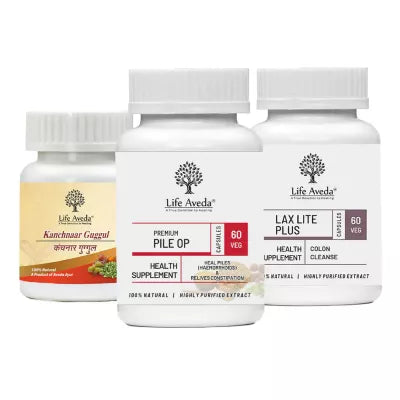 Life Aveda Kanchnaar Guggul + Premium Pile Op + Lax Lite Plus Combo (60 CAPSULES Each)