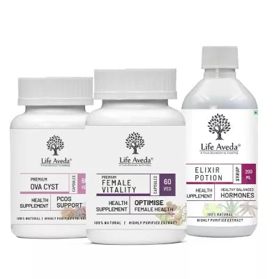 Life Aveda Premium Ova Cyst + Premium Female Vitality + Elixir Potion Syrup Combo (60 CAPSULES Each + 1 Syrup Bottle)