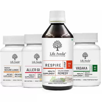 Life Aveda Premium Secure Lungs + Aller Gi + Respire + Vasaka (60 CAPSULES Each + 1 Syrup Bottle)