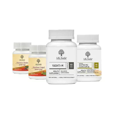 Life Aveda Punarnava Mandur + Kanchnaar Guggul + Yashti-m + Supreme Curcumin Combo (60 CAPSULES Each)