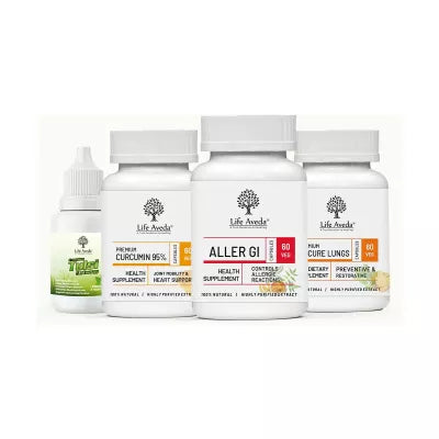 Life Aveda Tulsi + Curcumin 95% + Aller Gi + Cure Lungs Combo (60 CAPSULES Each + 15 ML)