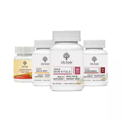 Life Aveda Gandhak Rasayan + Macca Root + Skin Vitals + Ashwagandha Combo (60 CAPSULES Each)